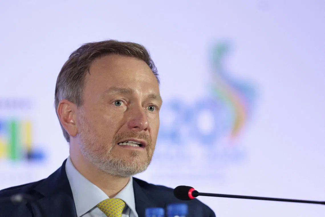 FILE PHOTO: Germany's Minister of Finance Christian Lindner speaks during a press conference during the G20 Finance Ministers and Central Banks Governors' meeting, in Sao Paulo, Brazil, February 29, 2024. REUTERS/Carla Carniel/File Photo