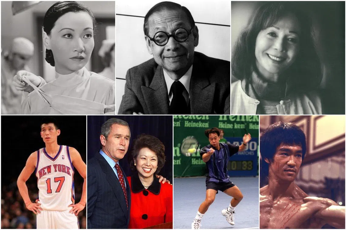 (Clockwise from top left) Actress Anna May Wong, architect I.M. Pei, actress Nancy Kwan, actor Bruce Lee, tennis player Michael Chang, former US cabinet secretary Elaine Chao with former US president George W. Bush, and NBA player Jeremy Lin.