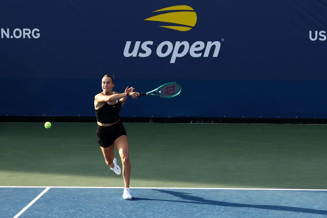 Belarus’ world No. 1 Aryna Sabalenka training at USTA Billie Jean King National Tennis Center in New York on Aug 26.
