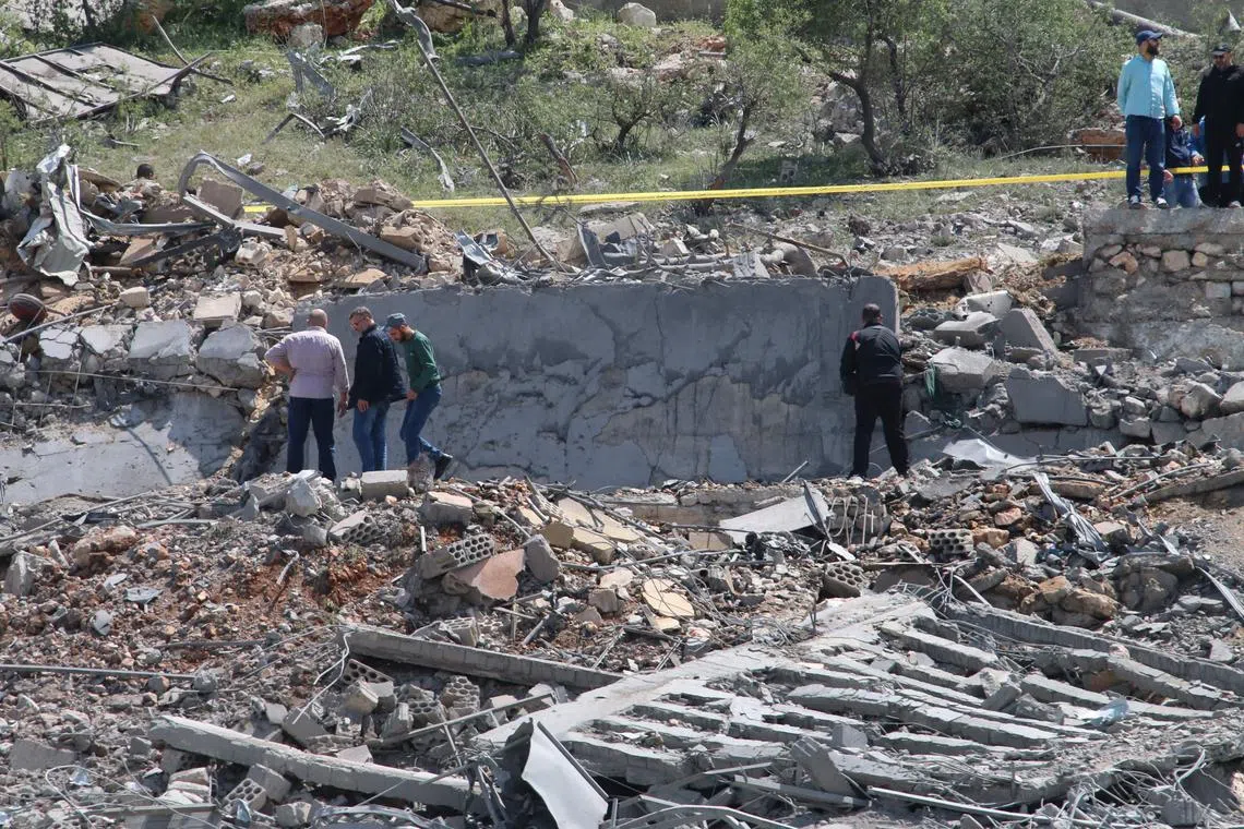 A destroyed building targeted by Israeli air strikes on the village of Nabi Sheet in the Baablbek district in Lebanon's eastern Bekaa Valley, on April 14, 2024.