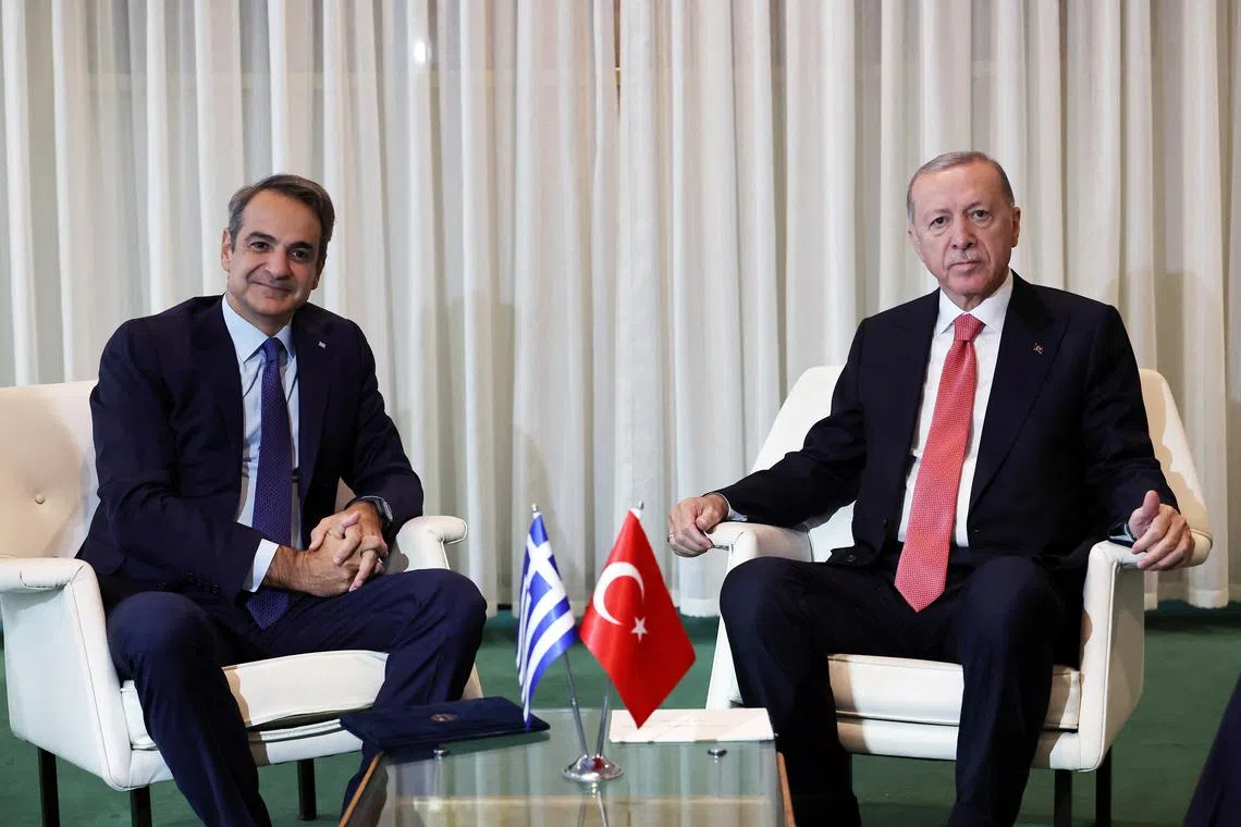 Turkish President Tayyip Erdogan meets with Greek Prime Minister Kyriakos Mitsotakis on the sidelines of the \"Summit of the Future\" at United Nations Headquarters, in New York, U.S., September 24, 2024. Murat Cetinmuhurdar/Turkish Presidential Press Office/Handout via REUTERS