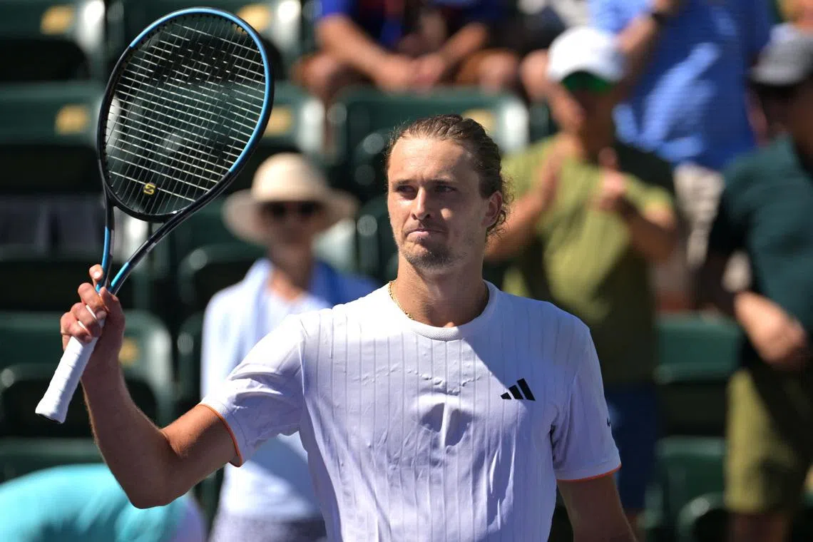 Mar 12, 2026; Indian Wells, CA, USA;  Alexander Zverev (GER) acknowledges the crowd after his quarterfinal match where he defeated Arthur Fils (FRA) during the BNP Paribas Open at the Indian Wells Tennis Garden. Mandatory Credit: Jayne Kamin-Oncea-Imagn Images