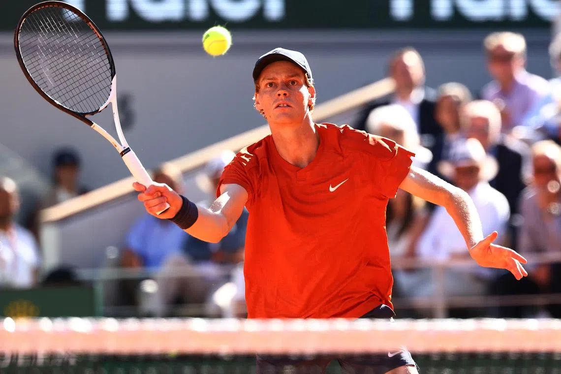 FILE PHOTO: Tennis - French Open - Roland Garros, Paris, France - June 7, 2024 Italy's Jannik Sinner in action during his semi final match against Spain's Carlos Alcaraz REUTERS/Lisi Niesner/File Photo