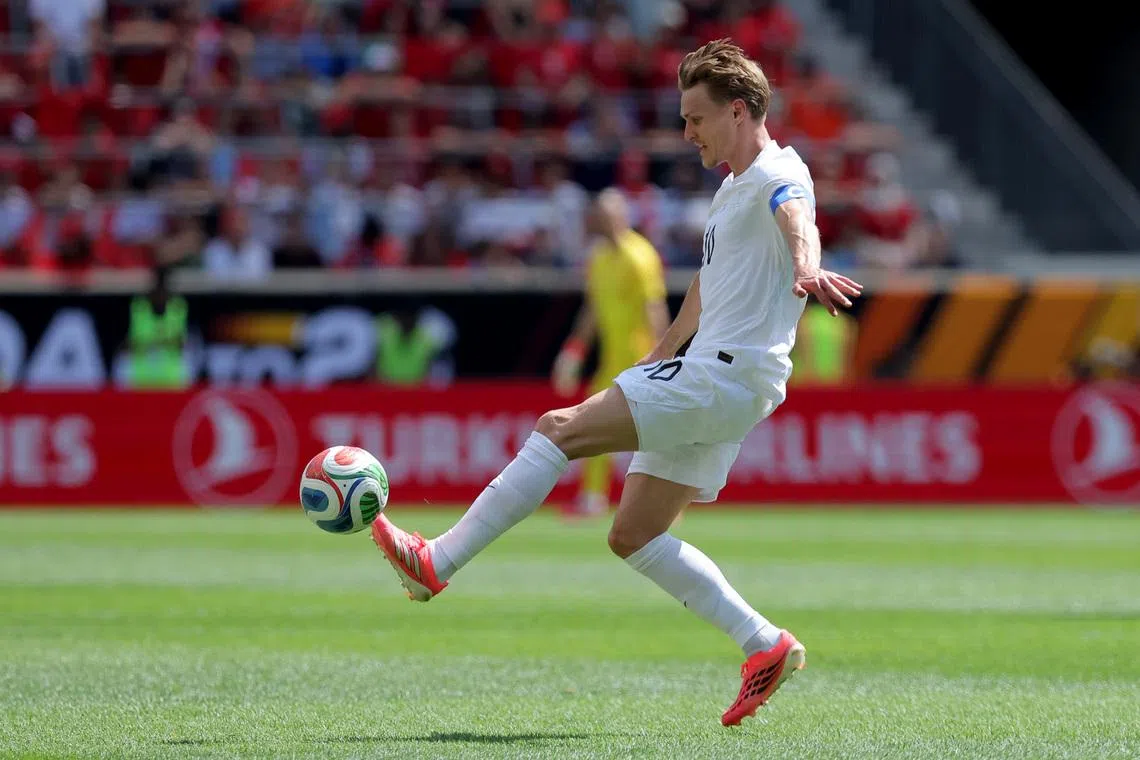 Jun 7, 2026; Harrison, New Jersey, USA; Norway midfielder Martin Odegaard (10) plays the ball against Morocco during the first half of a Road to 26 men's international friendly at Sports Illustrated Stadium. Mandatory Credit: Brad Penner-Imagn Images