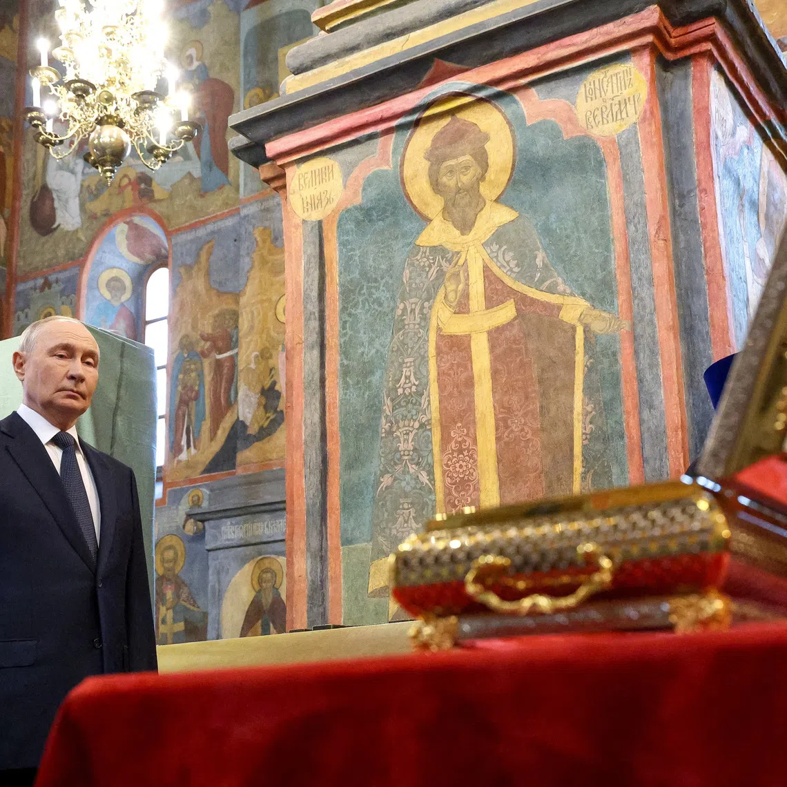 Russian President Vladimir Putin stands by the relics of the Holy Grand Prince Dmitry Donskoy, which were discovered in the course of restoration works, during a service at the Archangel Cathedral of the Kremlin in Moscow, Russia August 20, 2026. Sputnik/Vyacheslav Prokofyev/Pool via REUTERS ATTENTION EDITORS - THIS IMAGE WAS PROVIDED BY A THIRD PARTY.