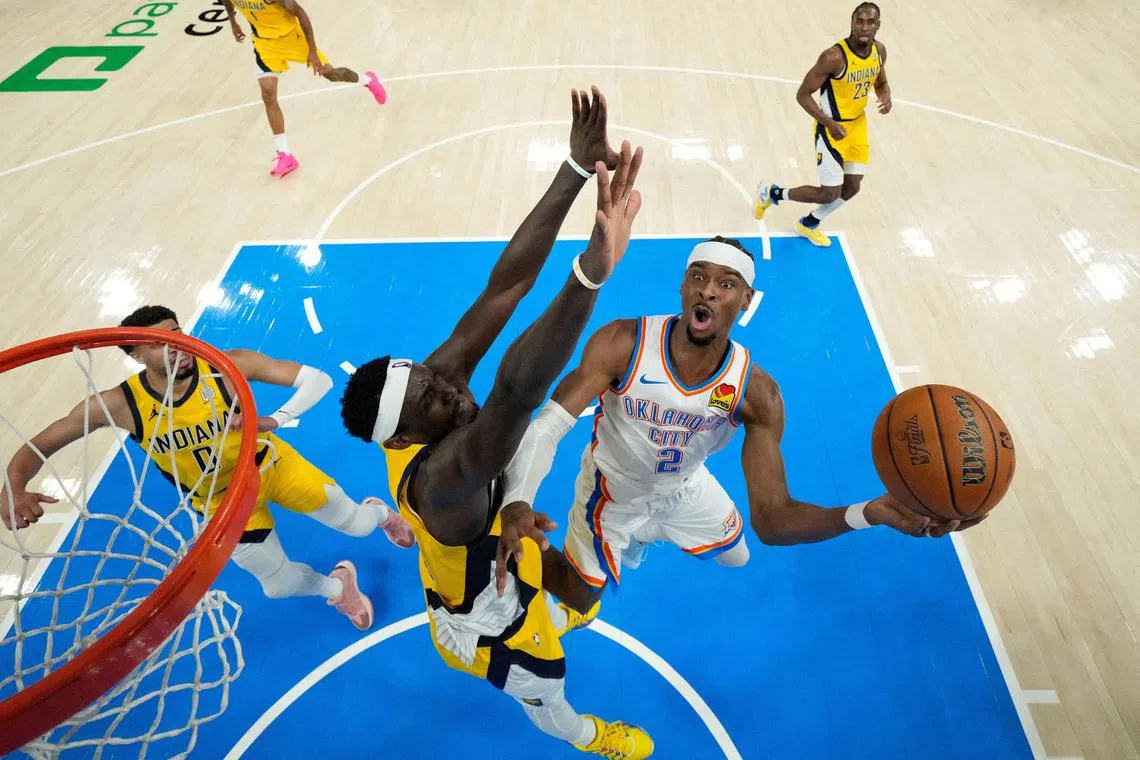 Oklahoma City Thunder guard Shai Gilgeous-Alexander (No. 2) in action against the Indiana Pacers in Game 1 of the 2025 NBA Finals at Paycom Centre.