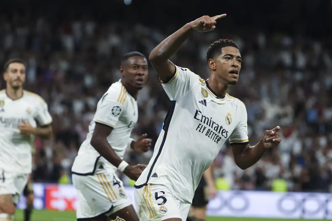 Real Madrid's Jude Bellingham celebrating after scoring against Union Berlin in their Champions League match on Sept 20.