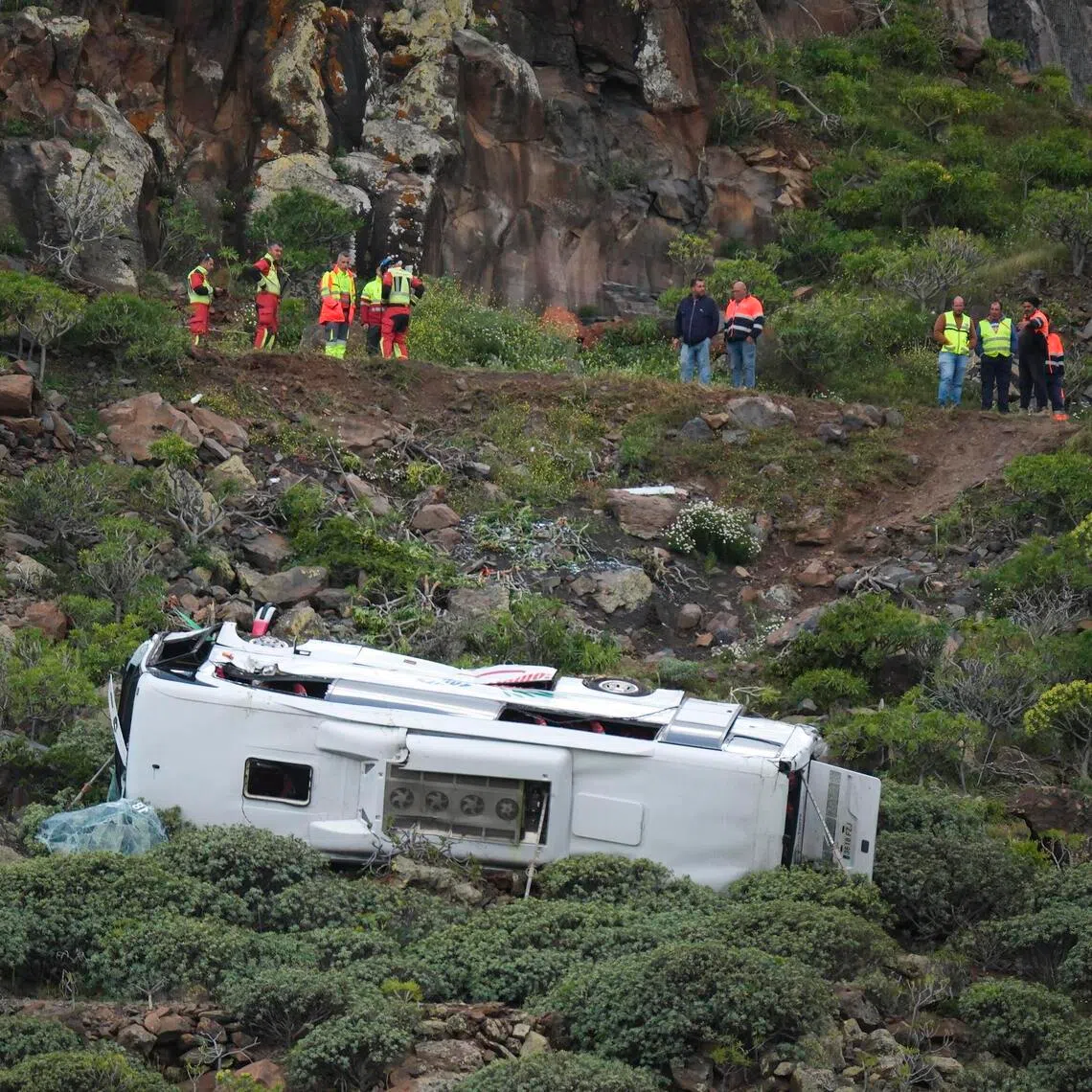 A tourist bus veered off the road on the Spanish island of La Gomera, in the Canary Islands, on April 10.