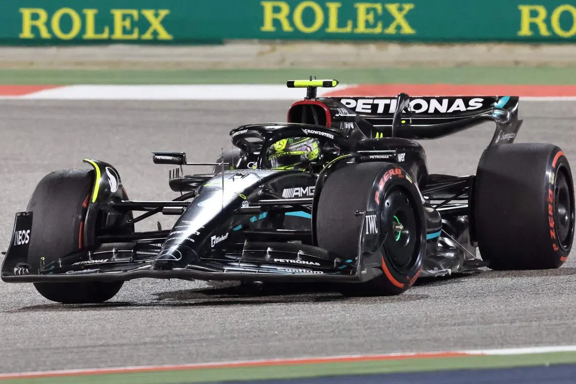 Mercedes' British driver Lewis Hamilton competes during the Bahrain grand prix, on March 5, 2023.