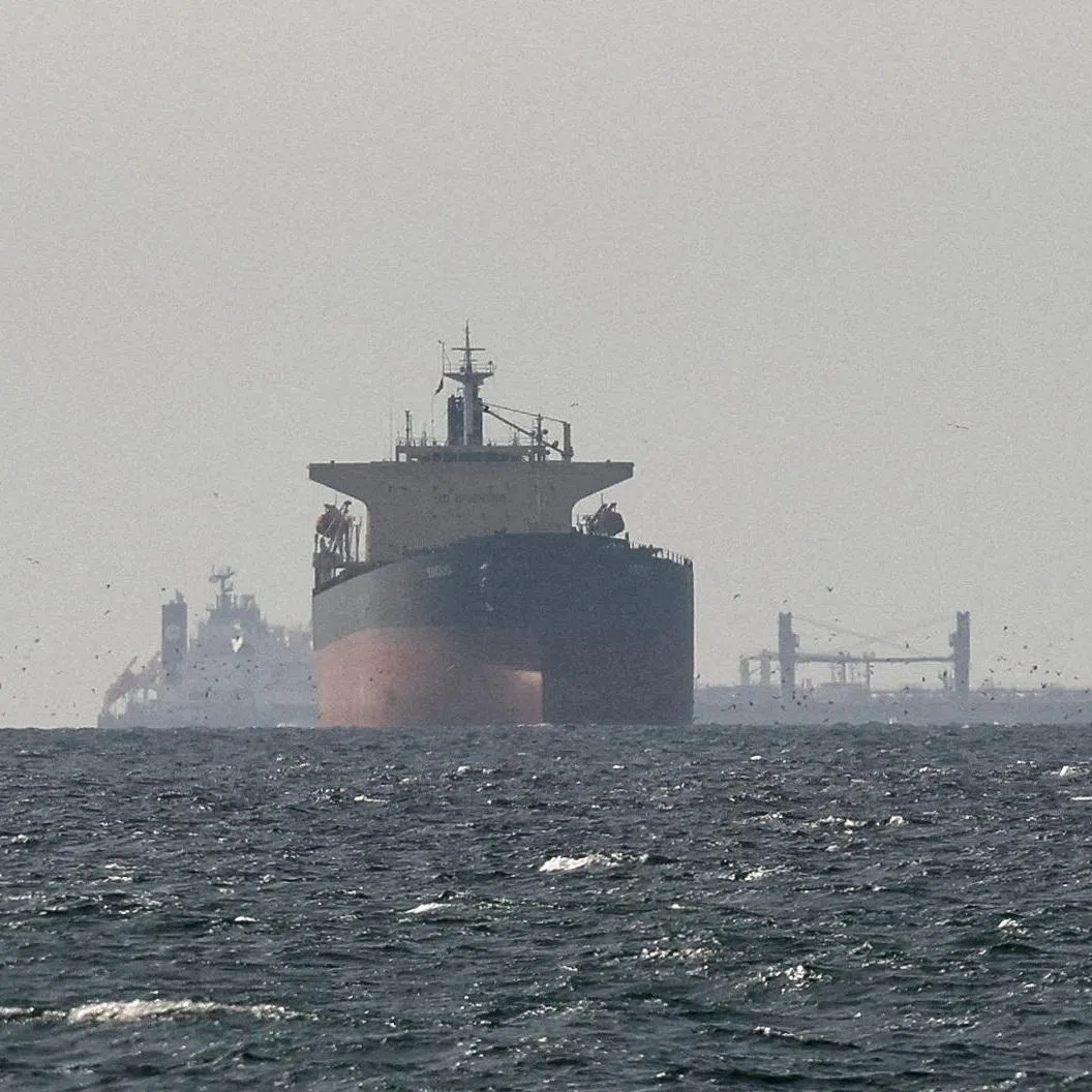 FILE PHOTO: Cargo ships in the Gulf, near the Strait of Hormuz, as seen from northern Ras al-Khaimah, near the border with Oman’s Musandam governance, amid the U.S.-Israeli conflict with Iran, in United Arab Emirates, March 11, 2026. REUTERS/Stringer/File Photo