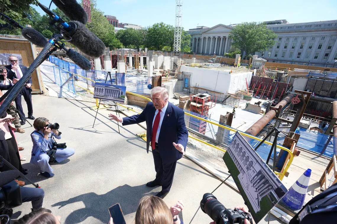 US President Donald Trump speaking to reporters during a tour of his ballroom construction site at the White House on May 19.