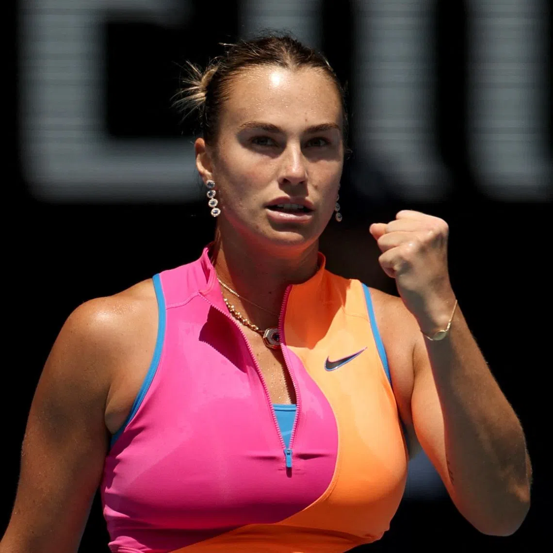 Tennis - Australian Open - Melbourne Park, Melbourne, Australia - January 21, 2026 Belarus' Aryna Sabalenka reacts during her second round match against China's Zhuoxuan Bai REUTERS/Hollie Adams
