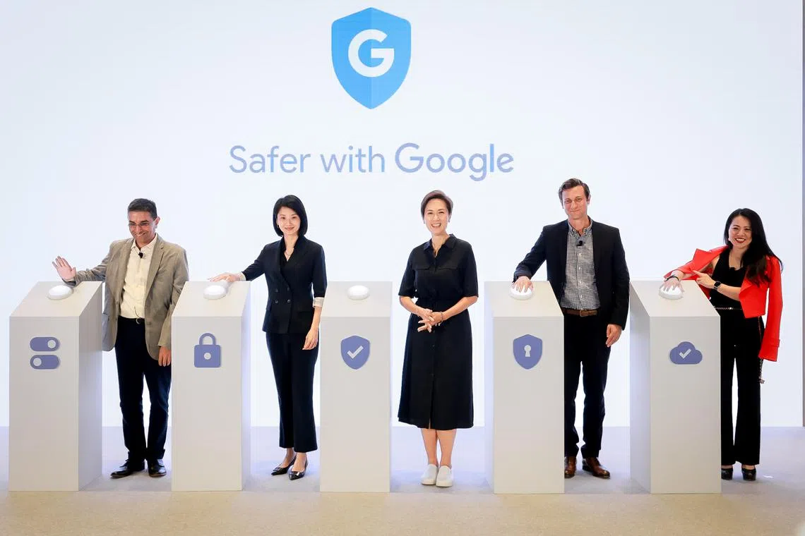 From left: YouTube SEA and Emerging Markets Managing Director Ajay Vidyasagar, Minister of State for Home Affairs and Social and Family Development Sun Xueling, Communications and Information minister Josephine Teo, Google Singapore Country Managing Director Ben King and Google Cloud Singapore Country Director Sherie Ng at the Safer with Google event held in their office at Mapletree Business City, July 7, 2023.