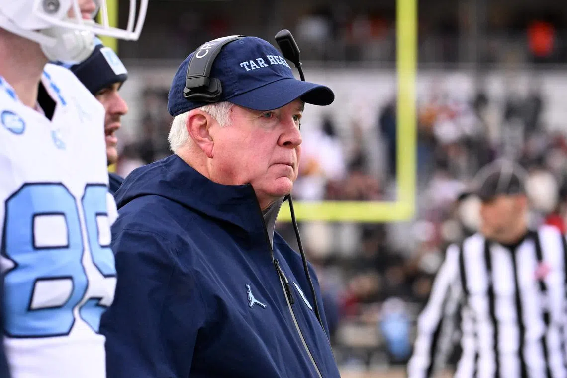 Nov 23, 2024; Chestnut Hill, Massachusetts, USA; North Carolina Tar Heels head coach Mack Brown looks on during the second half against the Boston College Eagles at Alumni Stadium. Mandatory Credit: Eric Canha-Imagn Images/ File Photo
