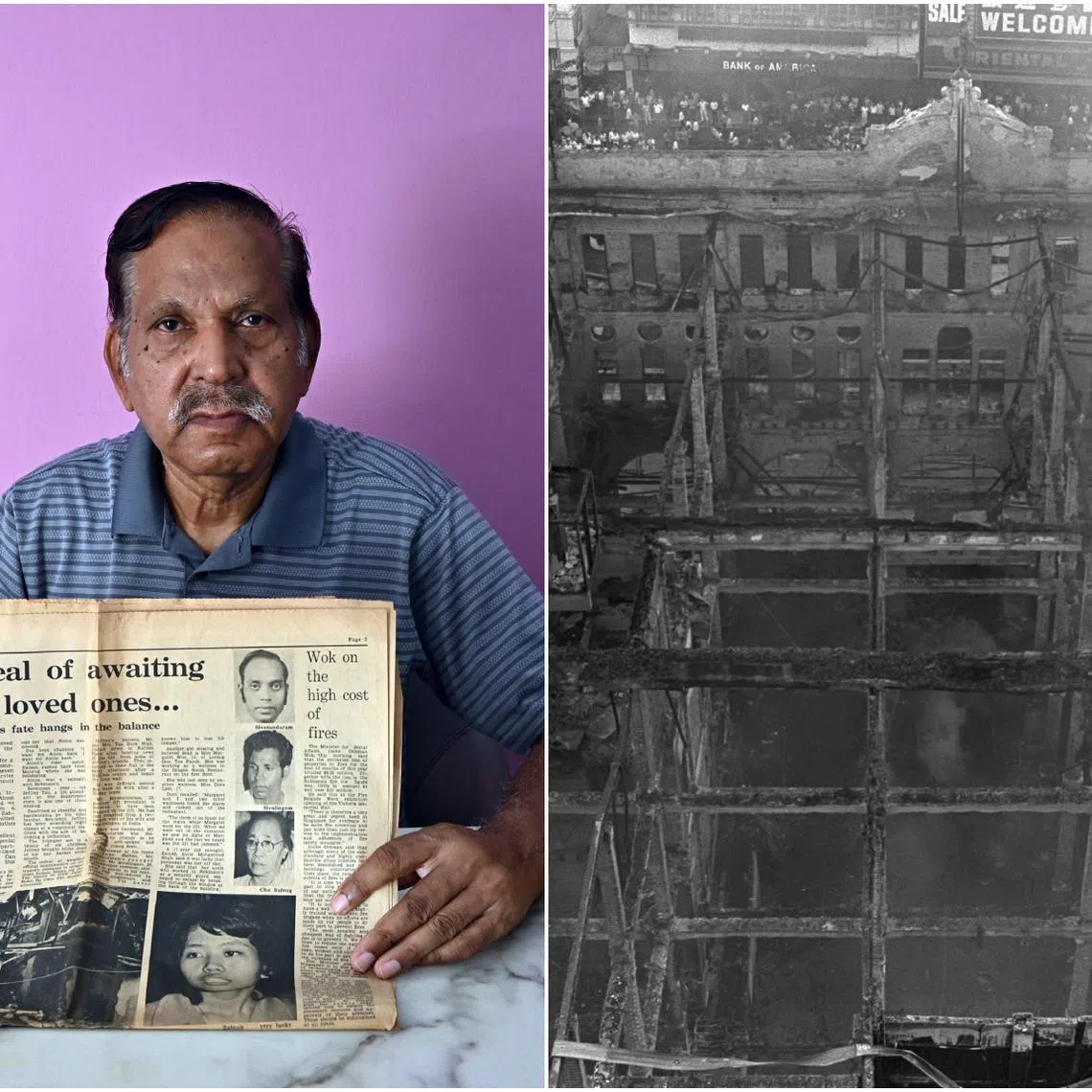 Mr Sivalingam Sundaresan with a newspaper article about the Robinson’s fire, where his brother Sivasundaram, died in the fire. 