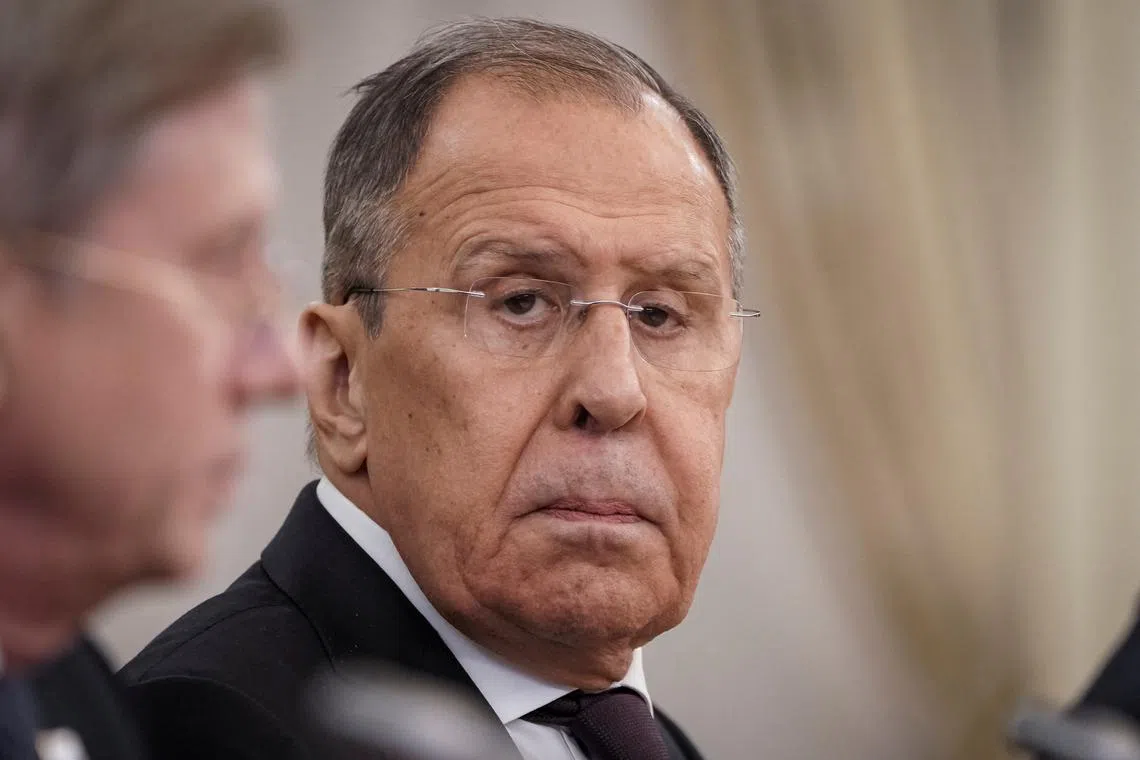 FILE PHOTO: Russian Foreign Minister Sergei Lavrov looks on as he takes part in Russian-Kazakh talks in Astana, Kazakhstan November 9, 2023.  REUTERS/Turar Kazangapov/File Photo