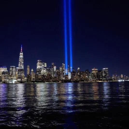 The ‘Tribute in Light’ public art installation commemorating the Sept 11, 2001 attacks shines up from the skyline of lower Manhattan, as seen from Jersey City, New Jersey.