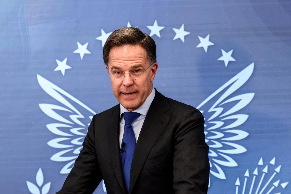 FILE PHOTO: NATO's Secretary General Mark Rutte delivers a speech at the Ronald Reagan Presidential Foundation and Institute in Washington D.C., U.S., April 9, 2026. REUTERS/Kevin Lamarque /File Photo