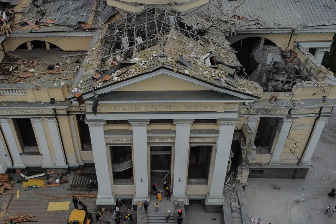 The 18th-century Transfiguration Cathedral was badly damaged in the strike.