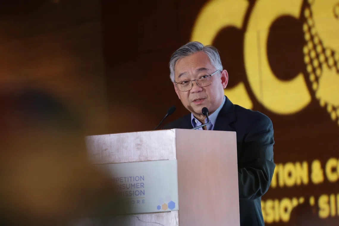 Deputy Prime Minister Gan Kim Yong speaking at the Competition and Consumer Commission of Singapore’s 20th anniversary dinner on Sept 25.