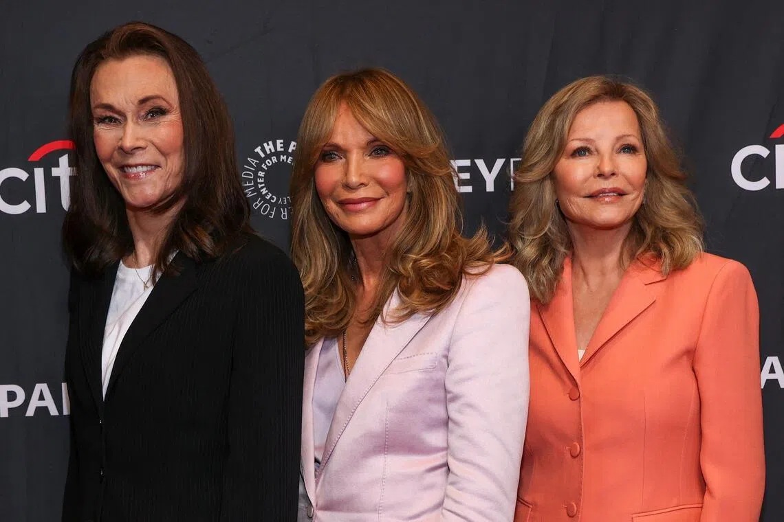 (Left to right) US actress Kate Jackson, US actress Jaclyn Smith and US actress and singer Cheryl Ladd attend Charlie’s Angels 50th Anniversary Celebration at PaleyFest LA 2026 at the Dolby Theater in Hollywood, California, on April 6, 2026.