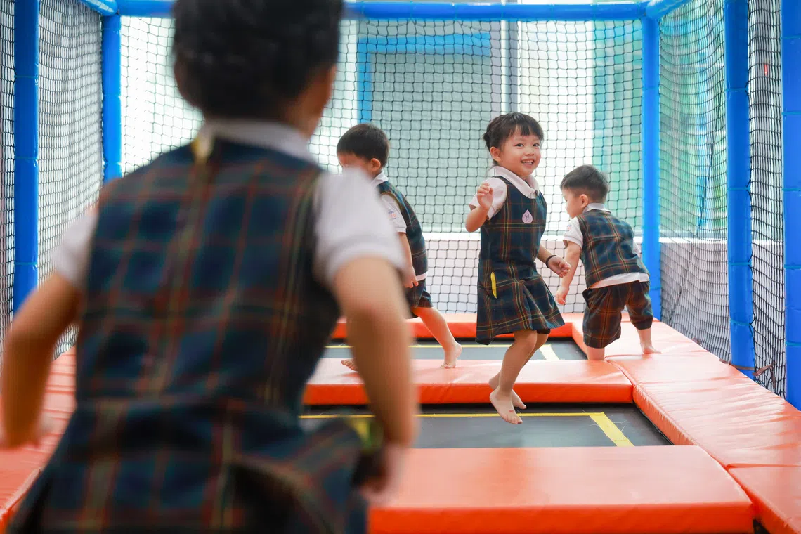 Trampoline play enrichment activities at Posso Preschool in Tampines on Aug 13.