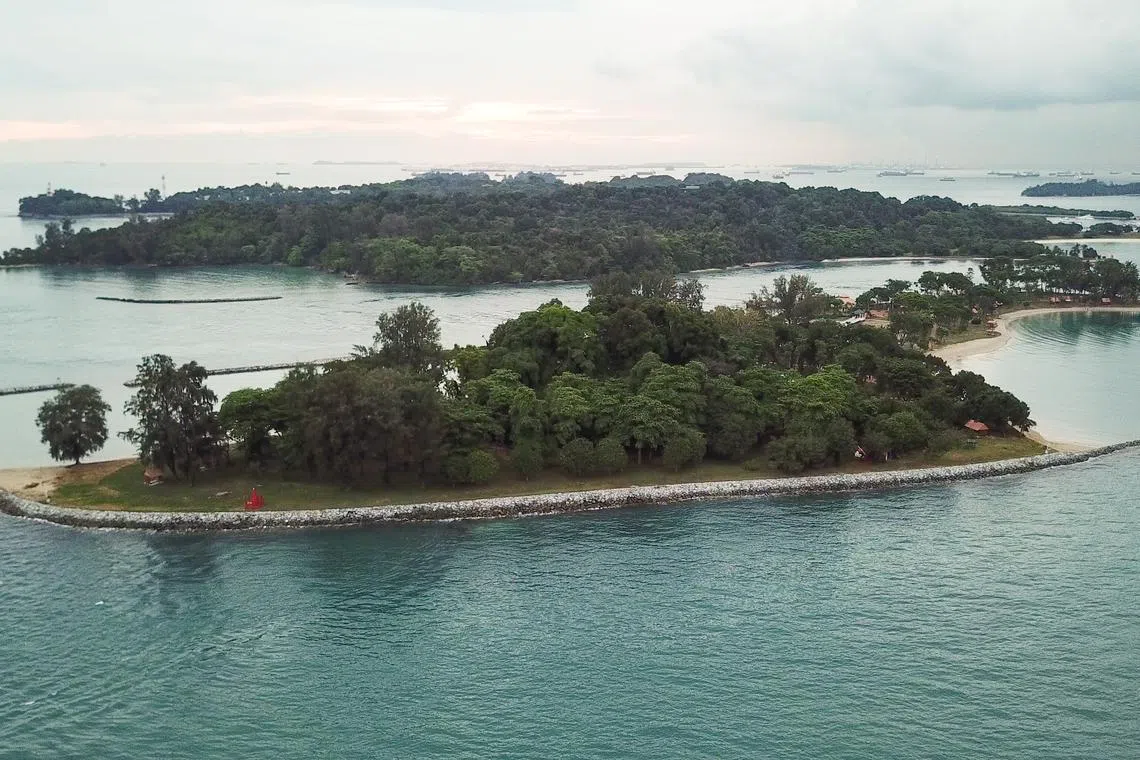 An aerial view of Lazarus South (top left) and Kusu Reef (bottom extreme right).
