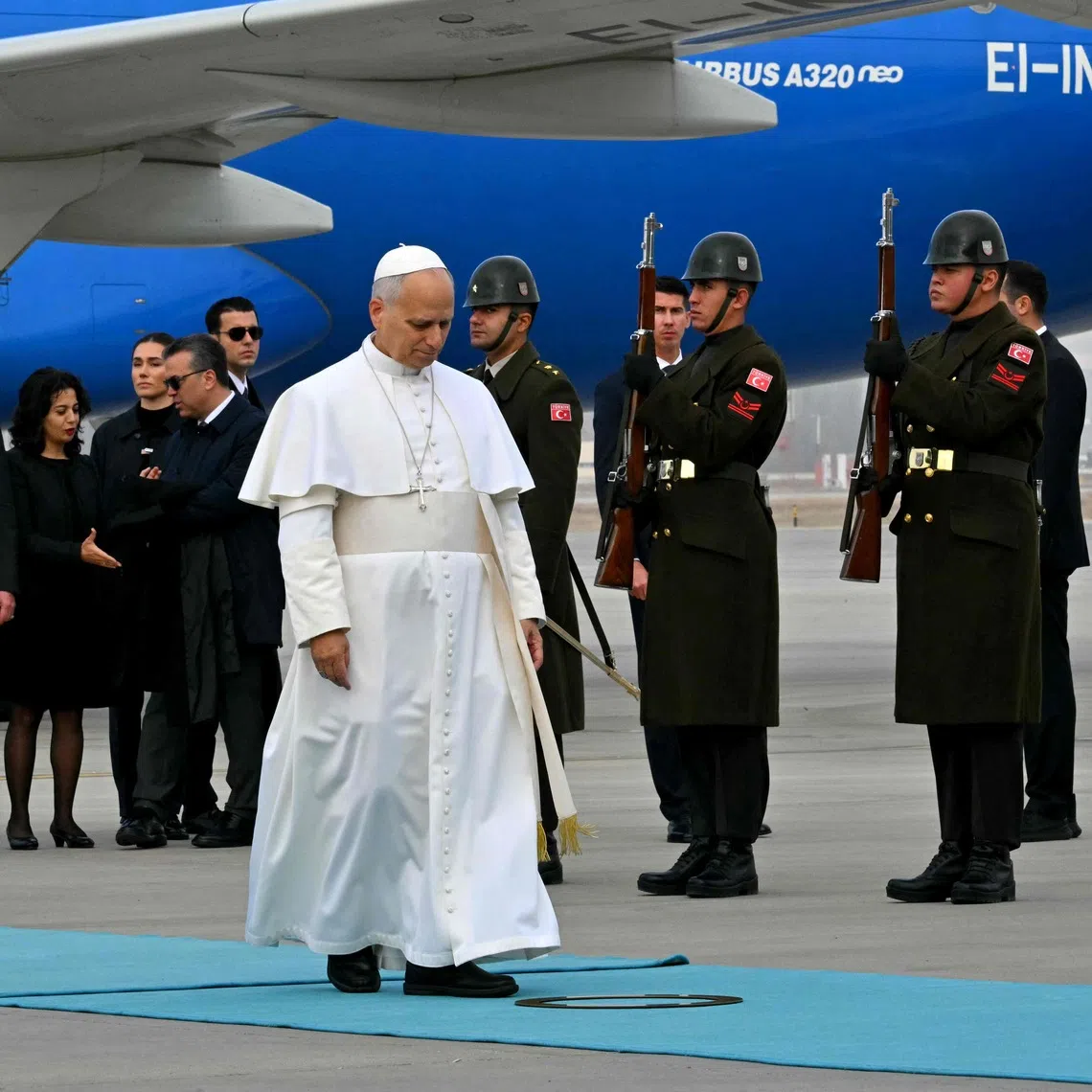 Pope Leo XIV disembarks from his plane after his arrival at Esenboga International Airport in Ankara on Nov 27.
