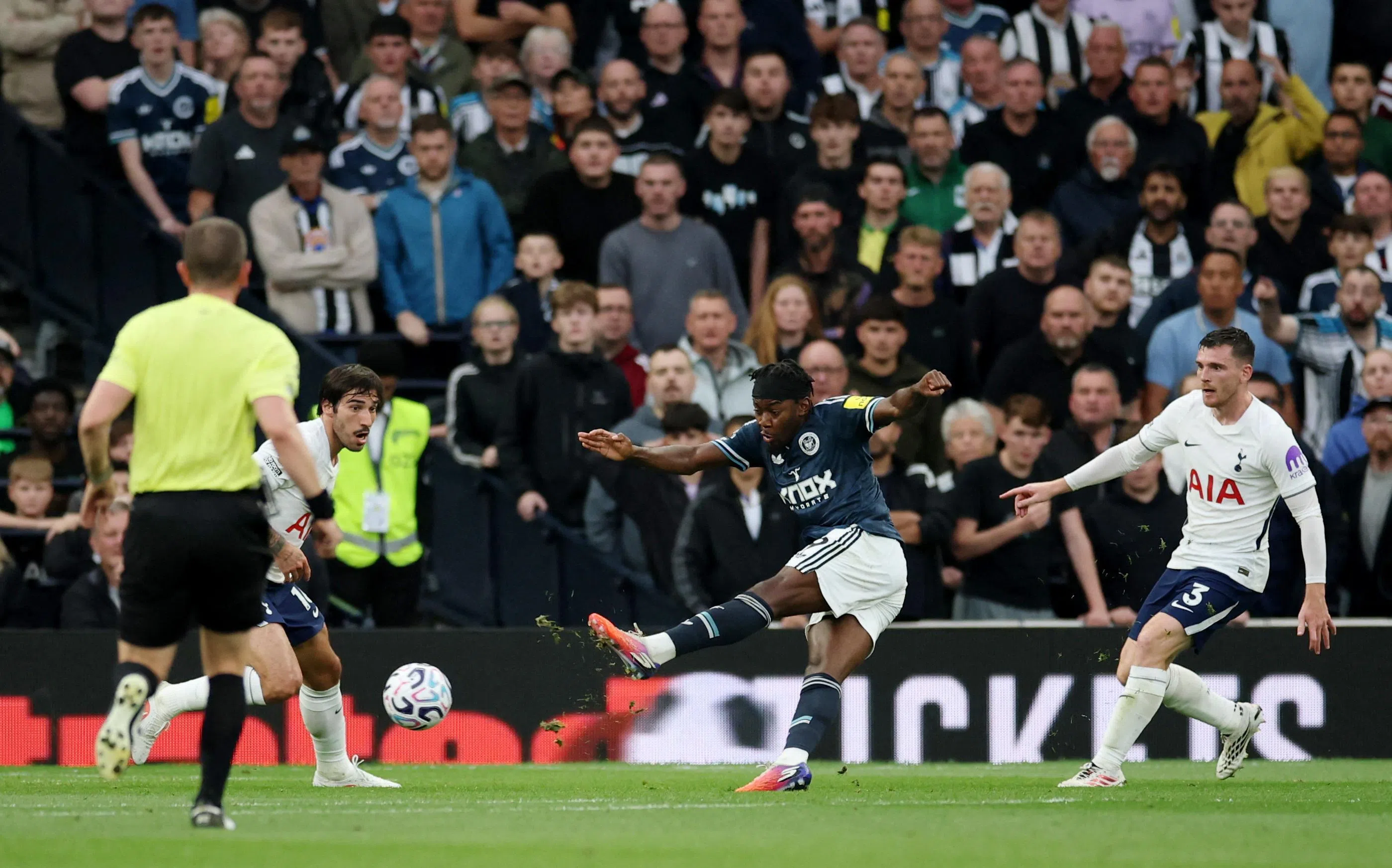 Newcastle United’s Anthony Elanga scores their first goal.