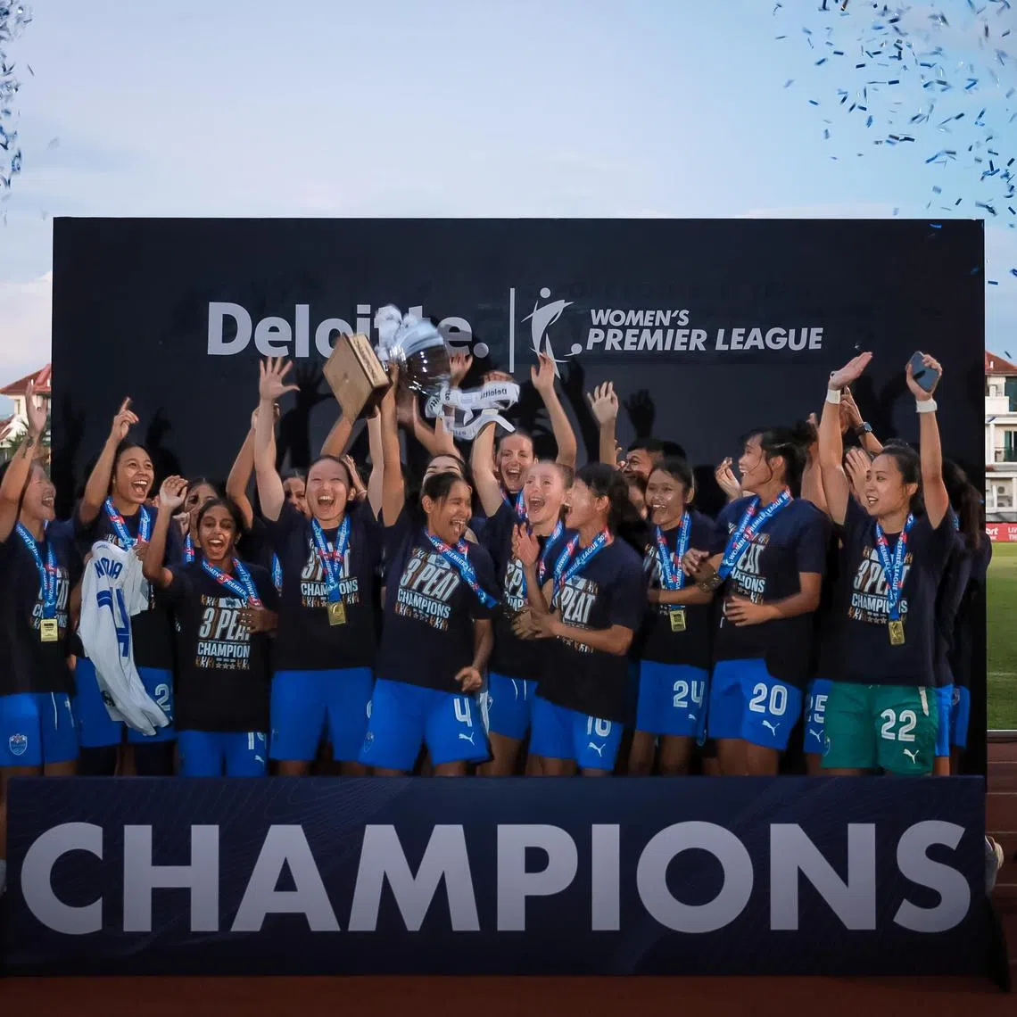 Lion City Sailors lifting the trophy after winning the Deloitte Women's Premier League at Choa Chu Kang Stadium on Sep 15, 2024.