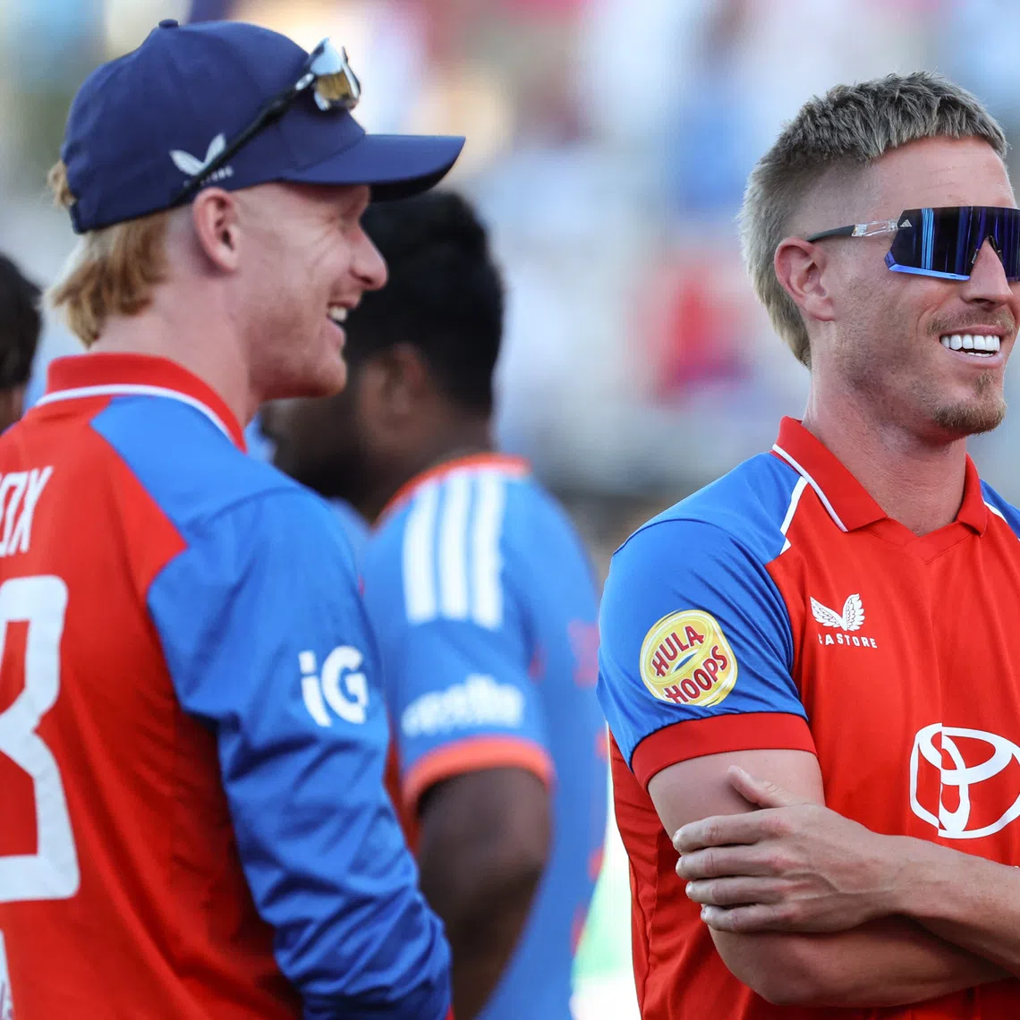 Cricket - Fifth T20 International - England v India - Utilita Bowl, Southampton, Britain - July 11, 2026 England's Luke Wood and Jordan Cox celebrate after the match Action Images via Reuters/Cat Goryn