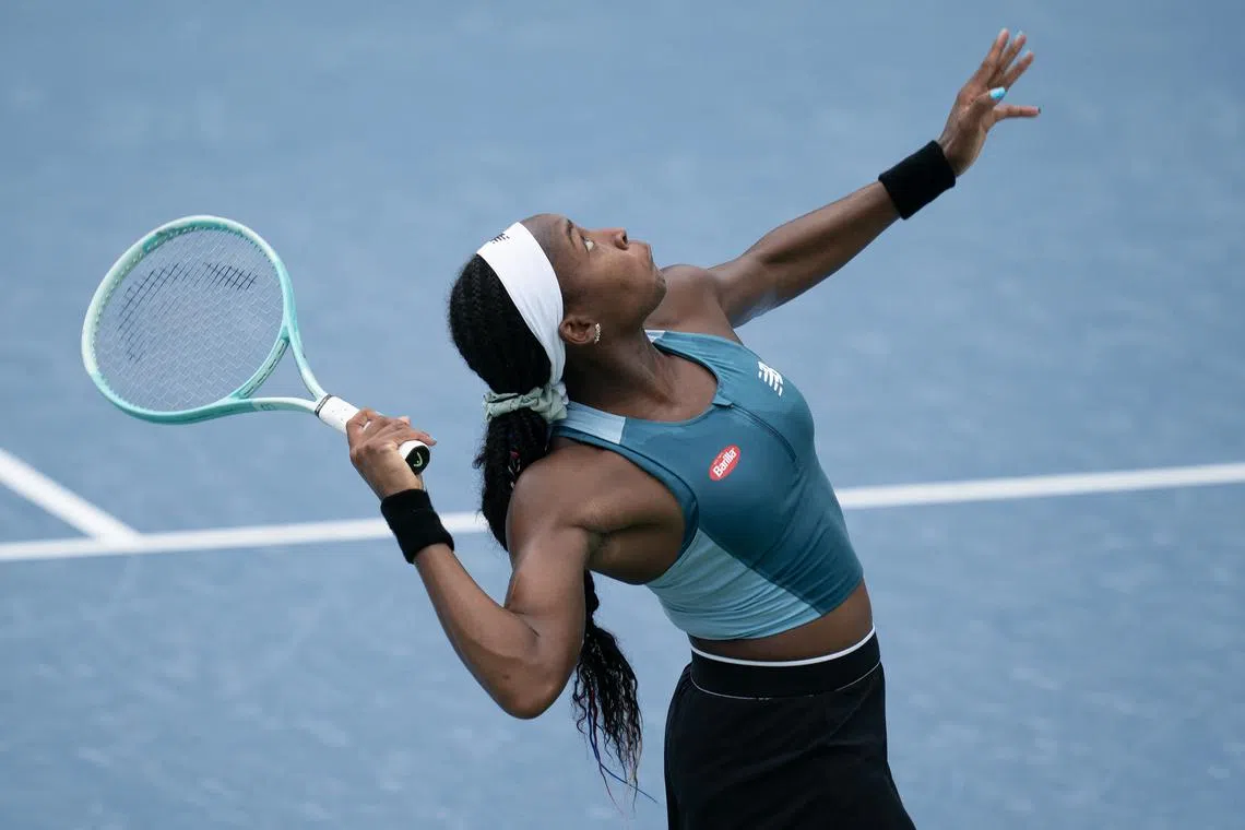 FILE PHOTO: Aug 15, 2024; Cincinnati, OH, USA ; Coco Gauff of the United States serves against Yulia Putintseva of Kazakhstan on day four of the Cincinnati Open. Mandatory Credit: Susan Mullane-USA TODAY Sports/File Photo