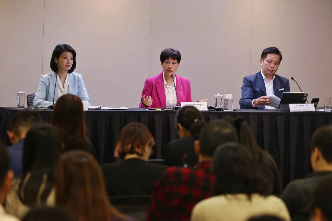 (From left) Minister of State for Social and Family Development Sun Xueling, Minister in Prime Minister's Office Indranee Rajah and Minister of State for Culture, Community and Youth Alvin Tan at the press conference on Oct 4.