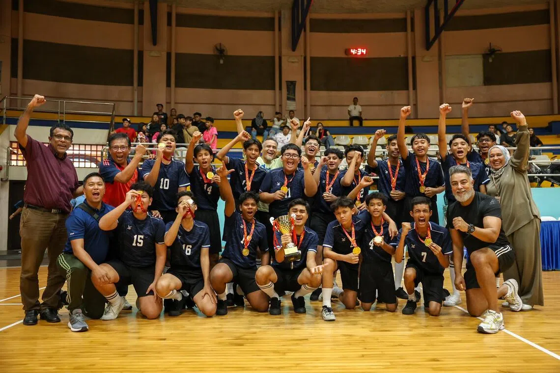 ST20260309_202636000577/Jasel Poh/sysepak09

Marsiling Secondary School players and coaches celebrate after winning the National School Games Sepak Takraw Boys' Finals, at Yio Chu Kang Sports Hall on Mar 9, 2026.