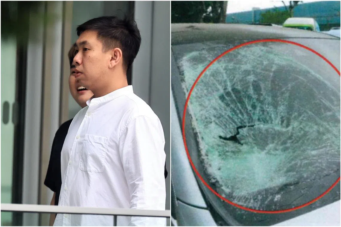 The cracked windscreen on Koh Chew Wa’s car after the accident. He was driving between 70 kmh and 97kmh at the time of the accident, far above the speed limit of 50kmh.