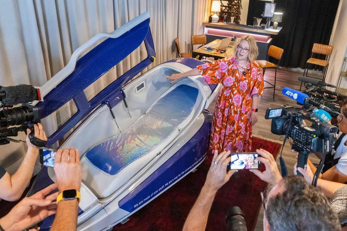 The Sarco suicide capsule – which can be activated from the inside by the person intending to die – is presented in Zurich on July 17.