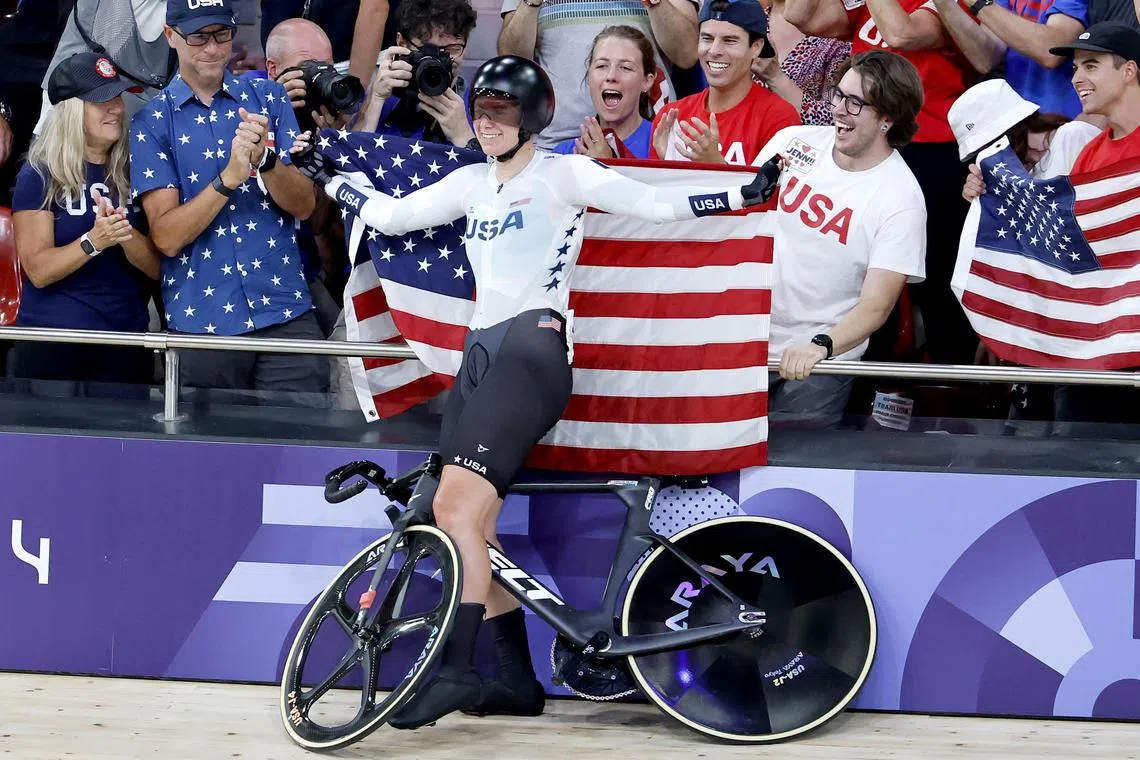 Jennifer Valente of the US celebrates after winning the women's omnium at the track cycling competition in the Paris Olympics on Aug 11, 2024.