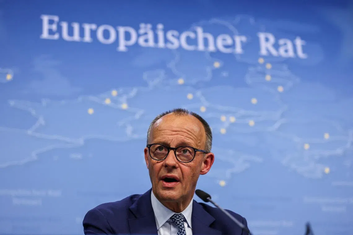 German Chancellor Friedrich Merz speaks during a press conference, on the day of the European Union leaders summit in Brussels, Belgium June 26, 2025. REUTERS/Christian Hartmann