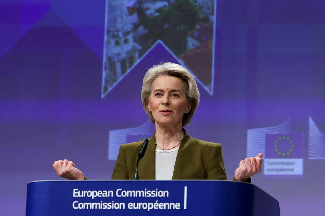 European Commission President Ursula von der Leyen gestures as she holds a press conference with European Commissioner for Neighbourhood and Enlargement Oliver Varhelyi in Brussels, Belgium November 8, 2023. REUTERS/Yves Herman/File Photo