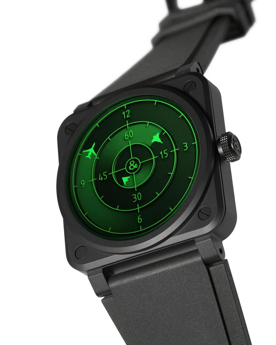 The BR-03 Green Radar Ceramic has a 41mm microblasted black ceramic case housing three rotating discs in place of conventional hands.