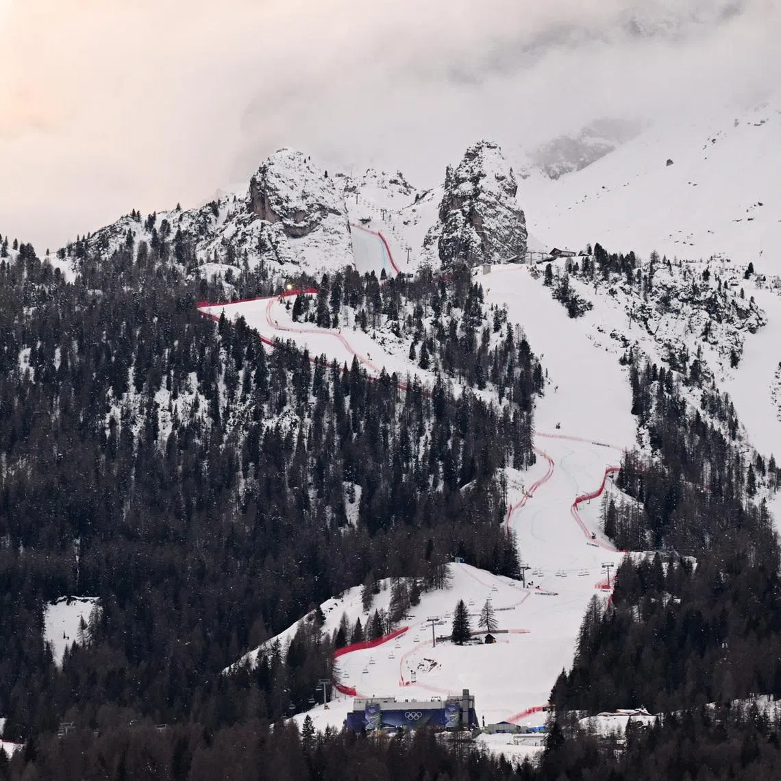 Milano Cortina 2026 Olympics - Alpine Skiing - Tofane Alpine Skiing Centre, Belluno, Italy - February 08, 2026. General view of the downhill course at the Tofane Alpine Skiing Centre REUTERS/Jennifer Lorenzini