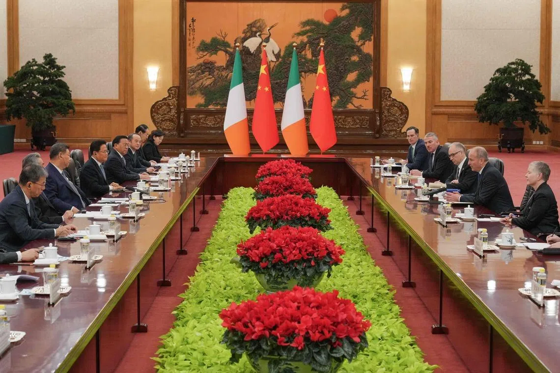 Ireland's Prime Minister Micheal Martin (second from right) and China's President Xi Jinping (third from left) during a bilateral meeting in Beijing on Jan 5.