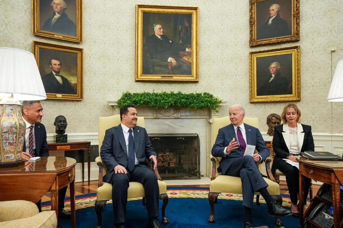 U.S. President Joe Biden meets with Iraqi Prime Minister Mohammed Shia al-Sudani at the White House in Washington, U.S., April 15, 2024. Iraqi Prime Minister Media Office/Handout via REUTERS
