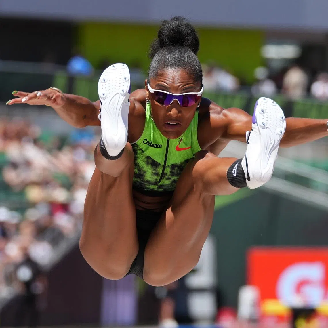 Jul 4, 2026; Eugene, Oregon, USA; Tara Davis-Woodhall (USA) wins the women's long jump at 23-4 3/4 (7.13m) in the 51st Prefontaine Classic at Hayward Field. Mandatory Credit: Kirby Lee-Imagn Images