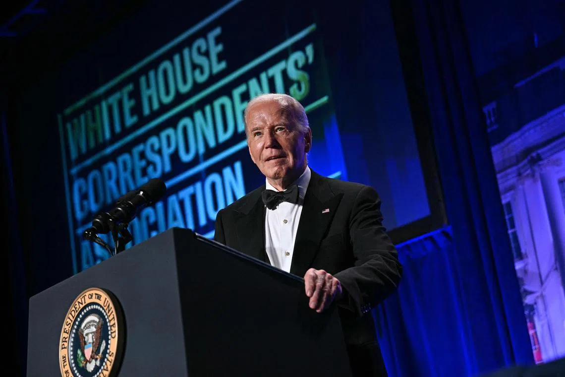 US President Joe Biden speaks during the White House Correspondents' Association dinner at the Washington Hilton on April 27.