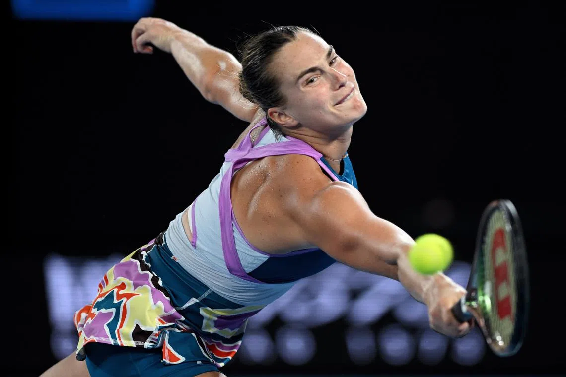 Aryna Sabalenka of Belarus in action during her 4-6, 6-3, 6-4 women’s singles final win over Elena Rybakina of Kazakhstan at the 2023 Australian Open tennis tournament in Melbourne, Australia, on Saturday.