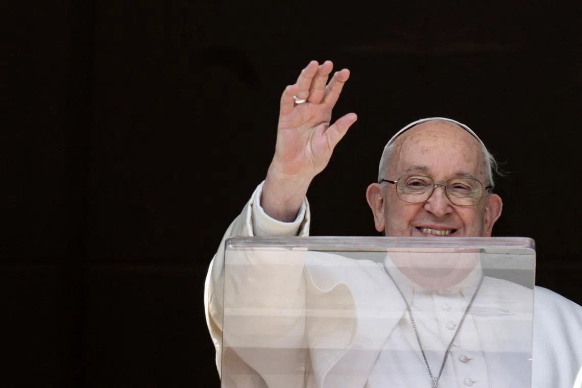 Pope Francis leads the Angelus prayer from his window at the Vatican, February 18, 2024.  Vatican Media/­Simone Risoluti/Handout via REUTERS/ File Photo