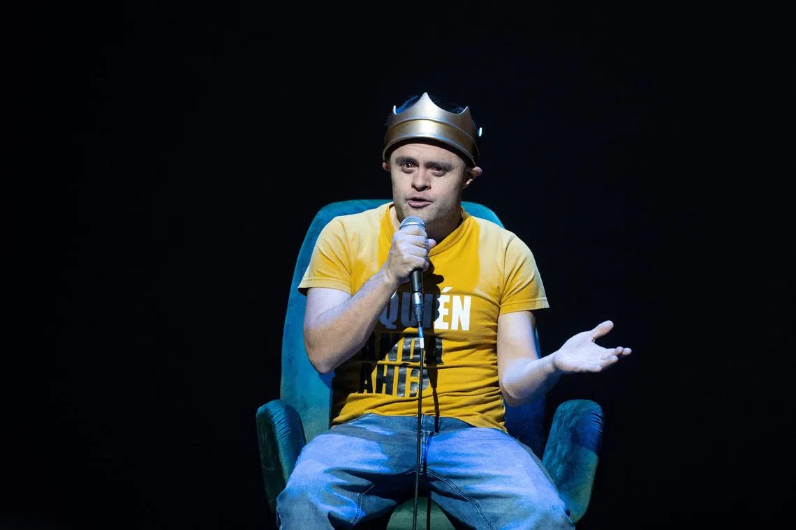 Jaime Cruz, a member of the Peruvian company Teatro La Plaza, performs during a dress-rehearsal of their production Hamlet at The Barbican Theatre in London on April 24, ahead of their London premiere. 