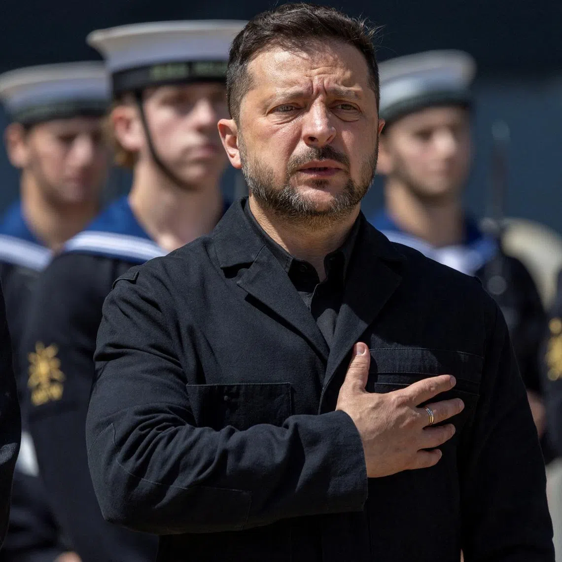 President of Ukraine, Volodymyr Zelensky, during his visit to Portsmouth Naval Base to meet UK and Ukrainian troops and deliver joint remarks on board the HMS Queen Elizabeth aircraft carrier, on July 27.