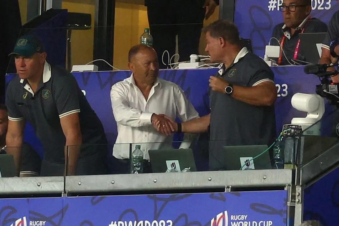 Rugby Union - Rugby World Cup 2023 - Pool C - Australia v Portugal - Stade Geoffroy-Guichard, Saint-Etienne, France - October 1, 2023  Australia head coach Eddie Jones celebrates after the match REUTERS/Paul Childs